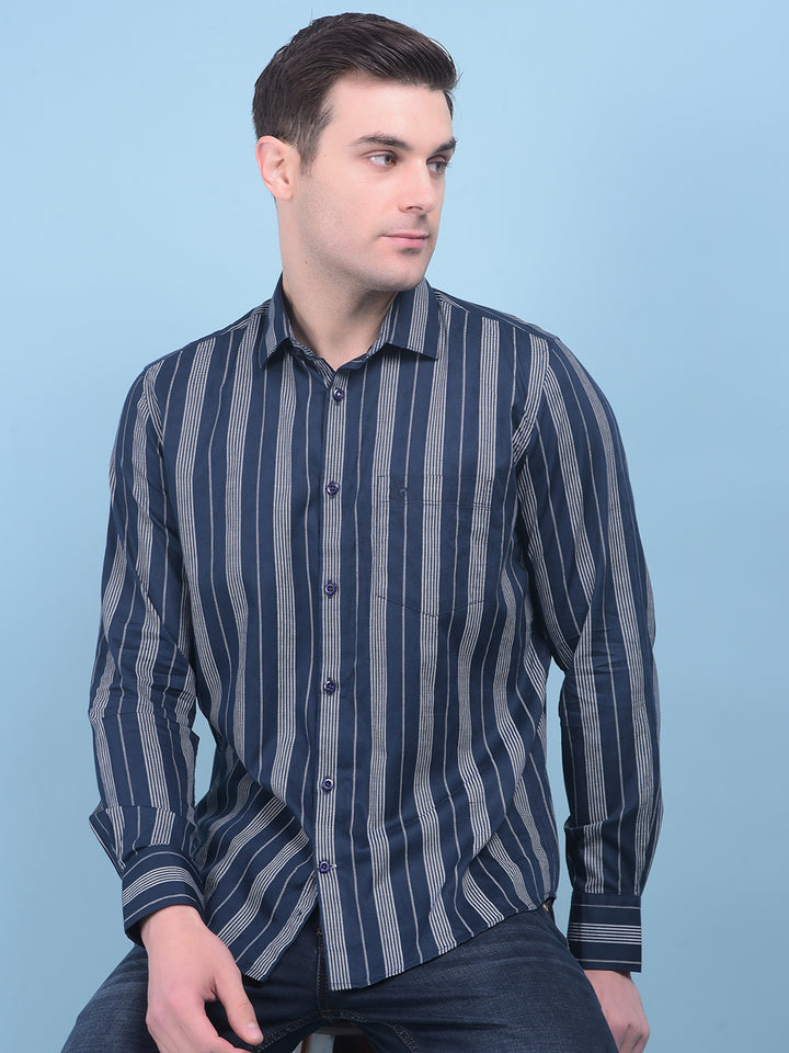 Navy Blue Vertical Striped 100% Cotton Shirt-Men Shirts-Crimsoune Club
