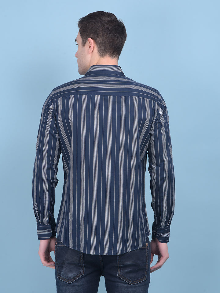 Navy Blue Vertical Striped 100% Cotton Shirt-Men Shirts-Crimsoune Club