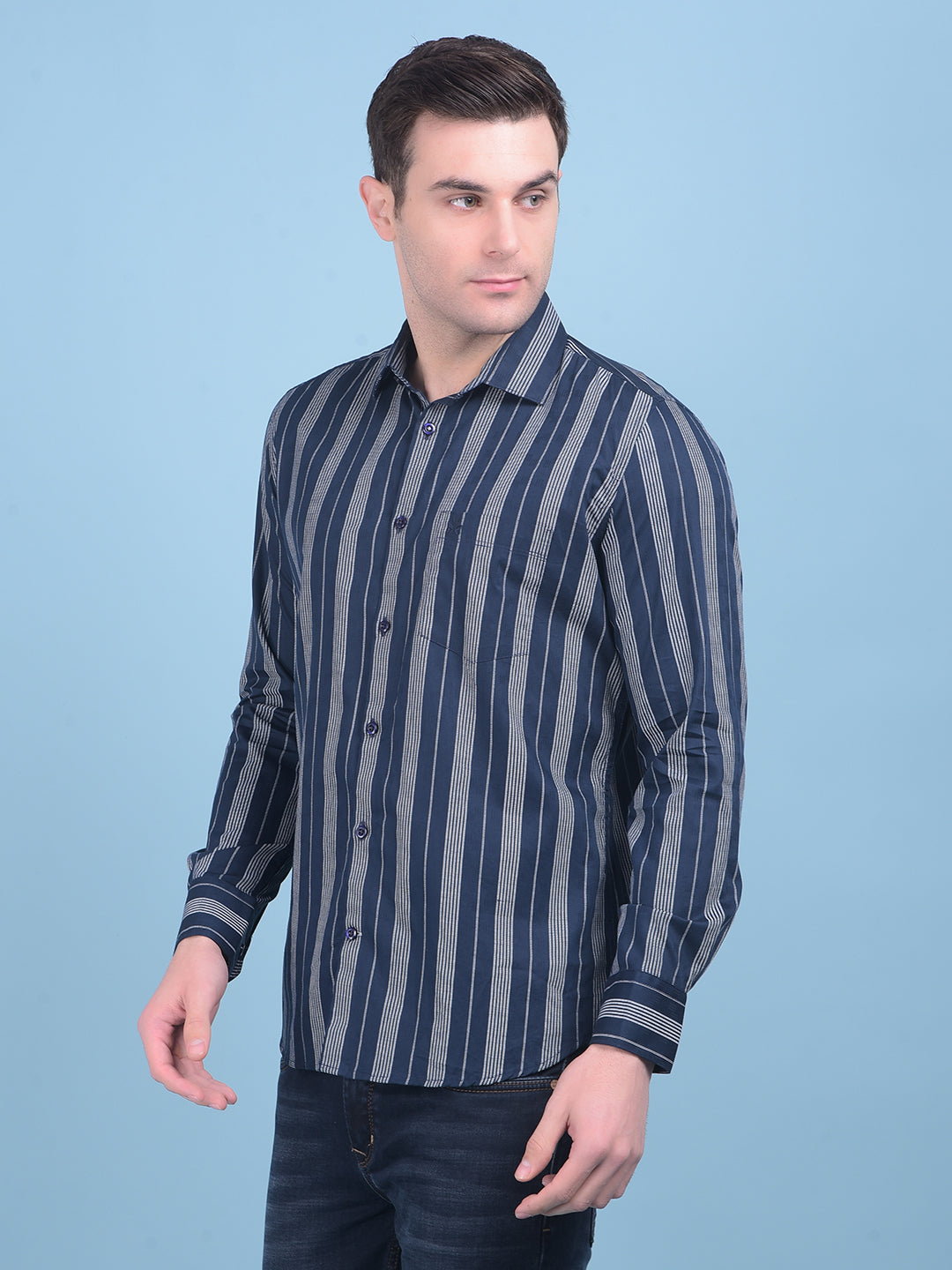 Navy Blue Vertical Striped 100% Cotton Shirt-Men Shirts-Crimsoune Club