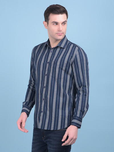 Navy Blue Vertical Striped 100% Cotton Shirt-Men Shirts-Crimsoune Club