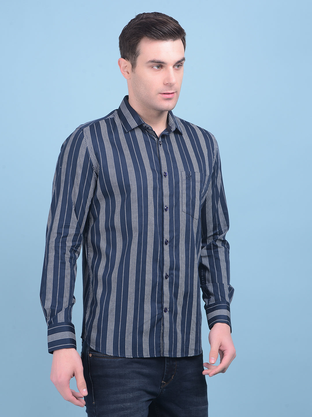 Navy Blue Vertical Striped 100% Cotton Shirt-Men Shirts-Crimsoune Club