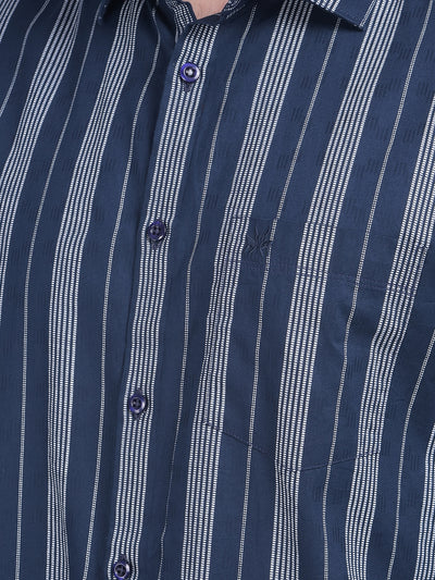 Navy Blue Vertical Striped 100% Cotton Shirt-Men Shirts-Crimsoune Club