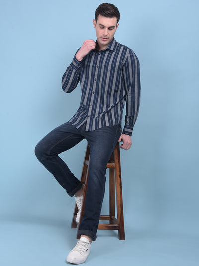 Navy Blue Vertical Striped 100% Cotton Shirt-Men Shirts-Crimsoune Club
