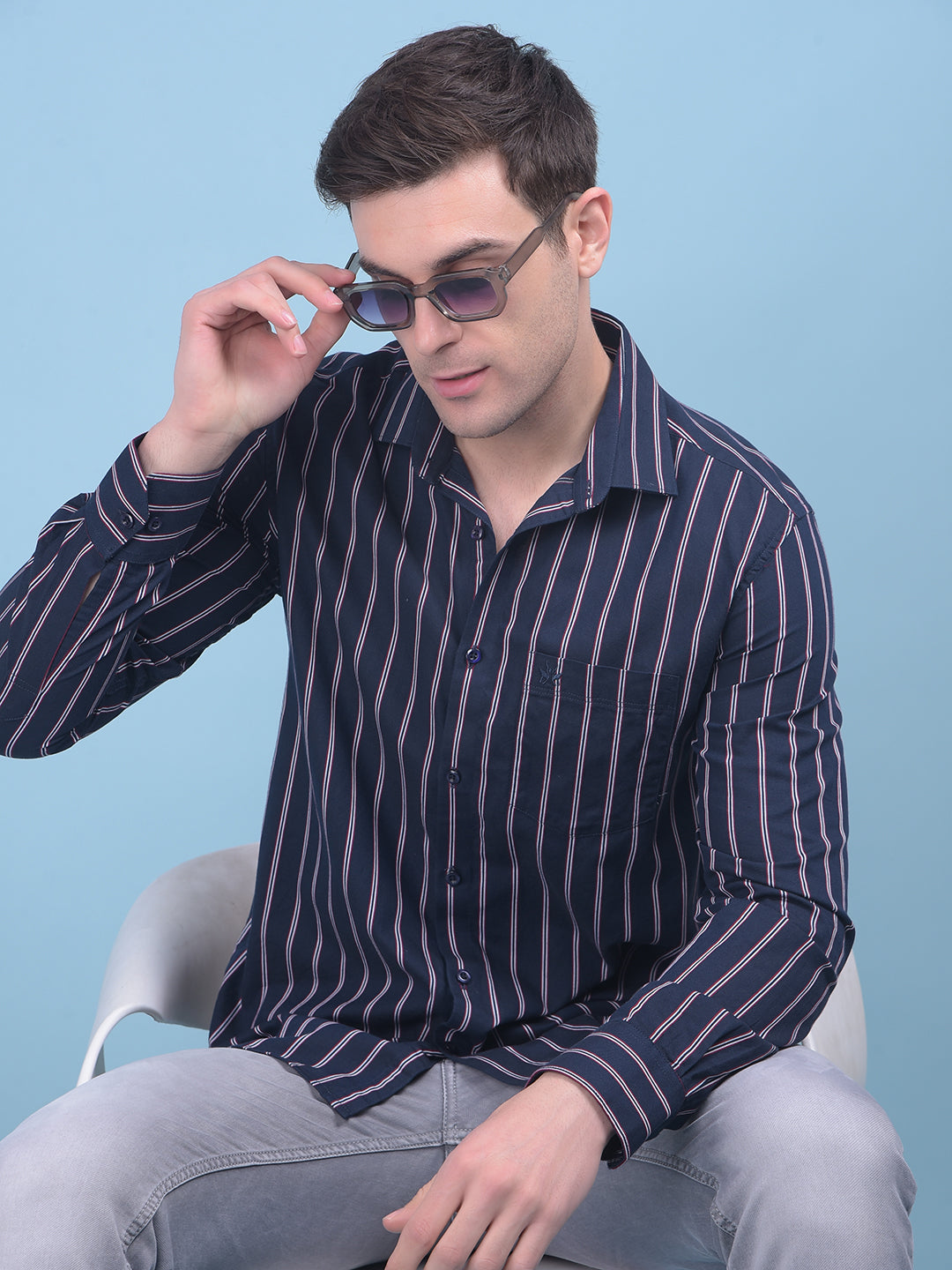 Navy Blue Vertical Striped 100% Cotton Shirt-Men Shirts-Crimsoune Club