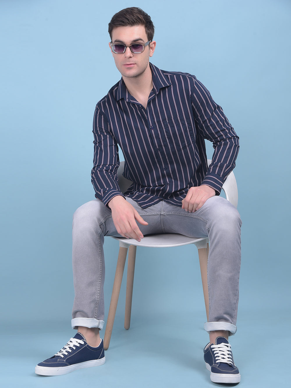 Navy Blue Vertical Striped 100% Cotton Shirt-Men Shirts-Crimsoune Club