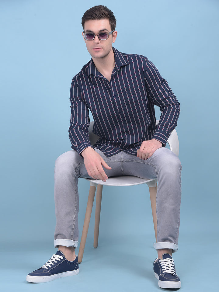 Navy Blue Vertical Striped 100% Cotton Shirt-Men Shirts-Crimsoune Club
