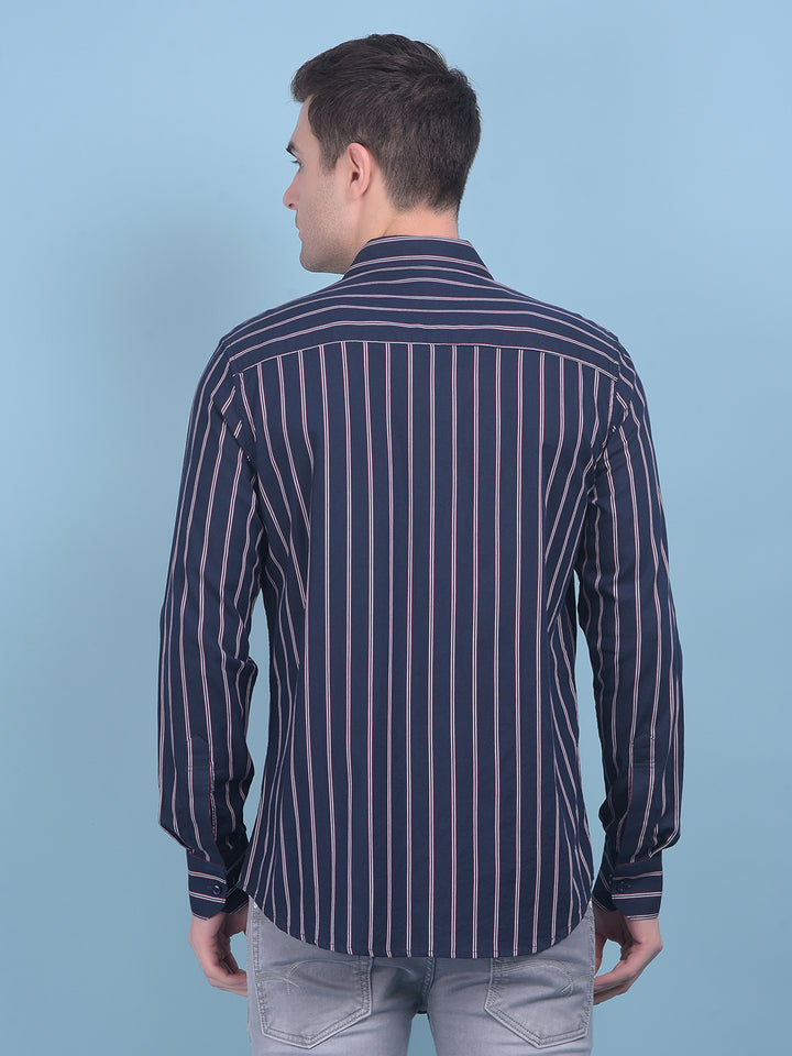 Navy Blue Vertical Striped 100% Cotton Shirt-Men Shirts-Crimsoune Club
