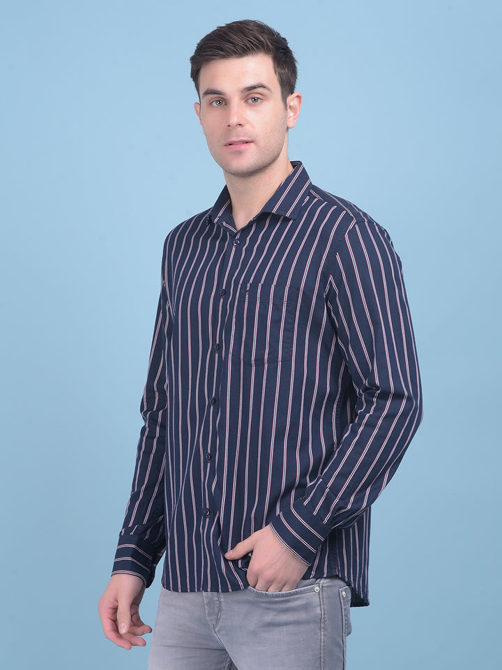 Navy Blue Vertical Striped 100% Cotton Shirt-Men Shirts-Crimsoune Club