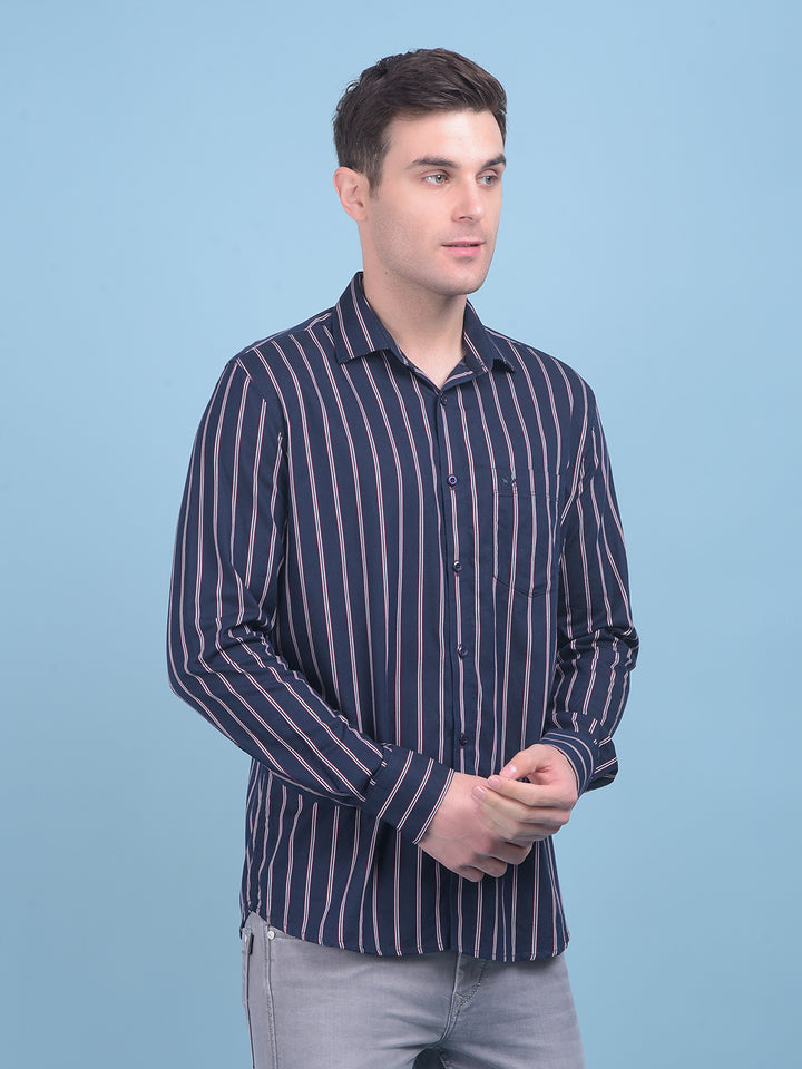 Navy Blue Vertical Striped 100% Cotton Shirt-Men Shirts-Crimsoune Club