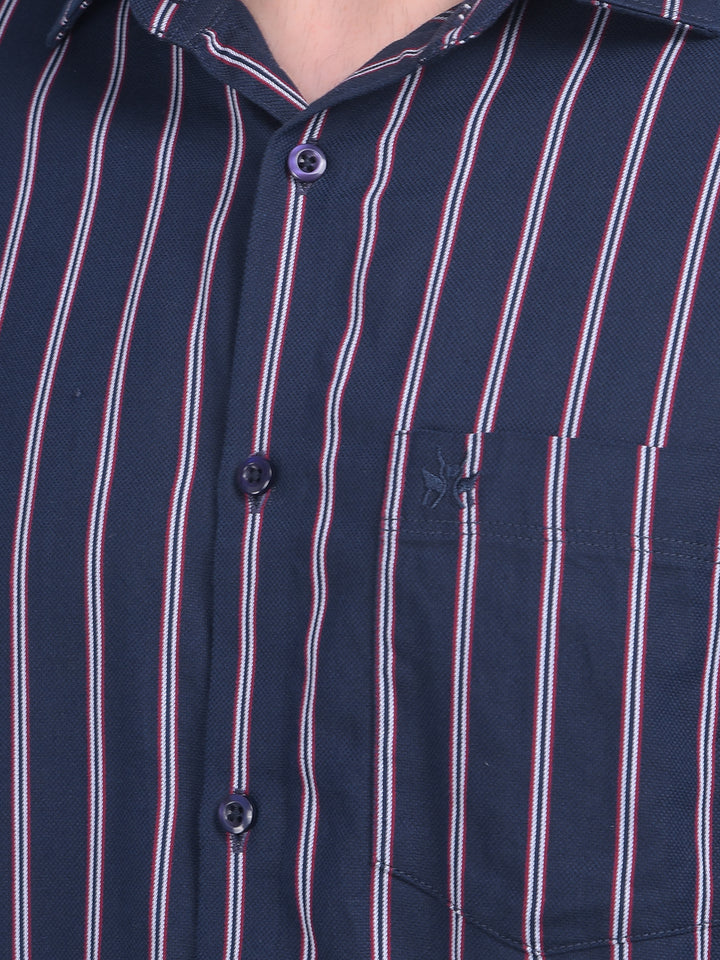Navy Blue Vertical Striped 100% Cotton Shirt-Men Shirts-Crimsoune Club
