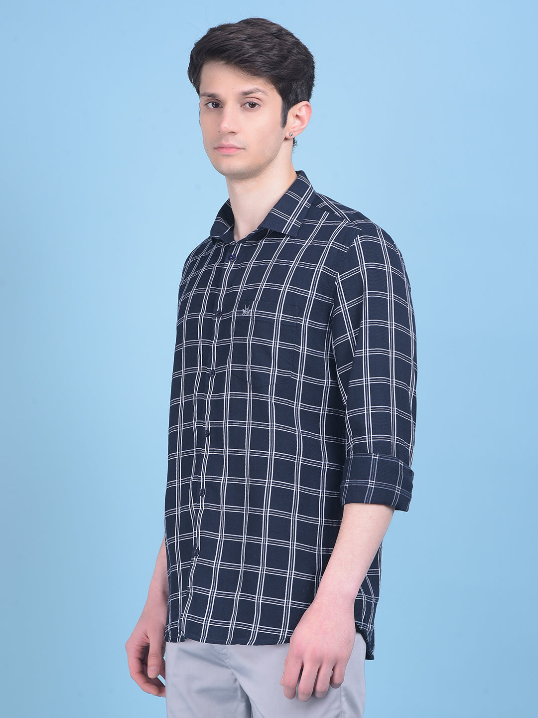 Blue Windowpane Check 100% Cotton Shirt-Men Shirts-Crimsoune Club