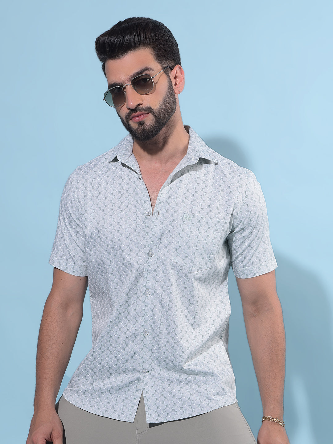 Green Floral Print 100% Cotton Shirt-Men Shirts-Crimsoune Club