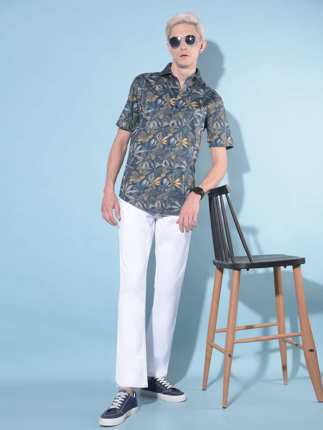 Navy Blue Floral Print 100% Cotton Shirt-Men Shirts-Crimsoune Club