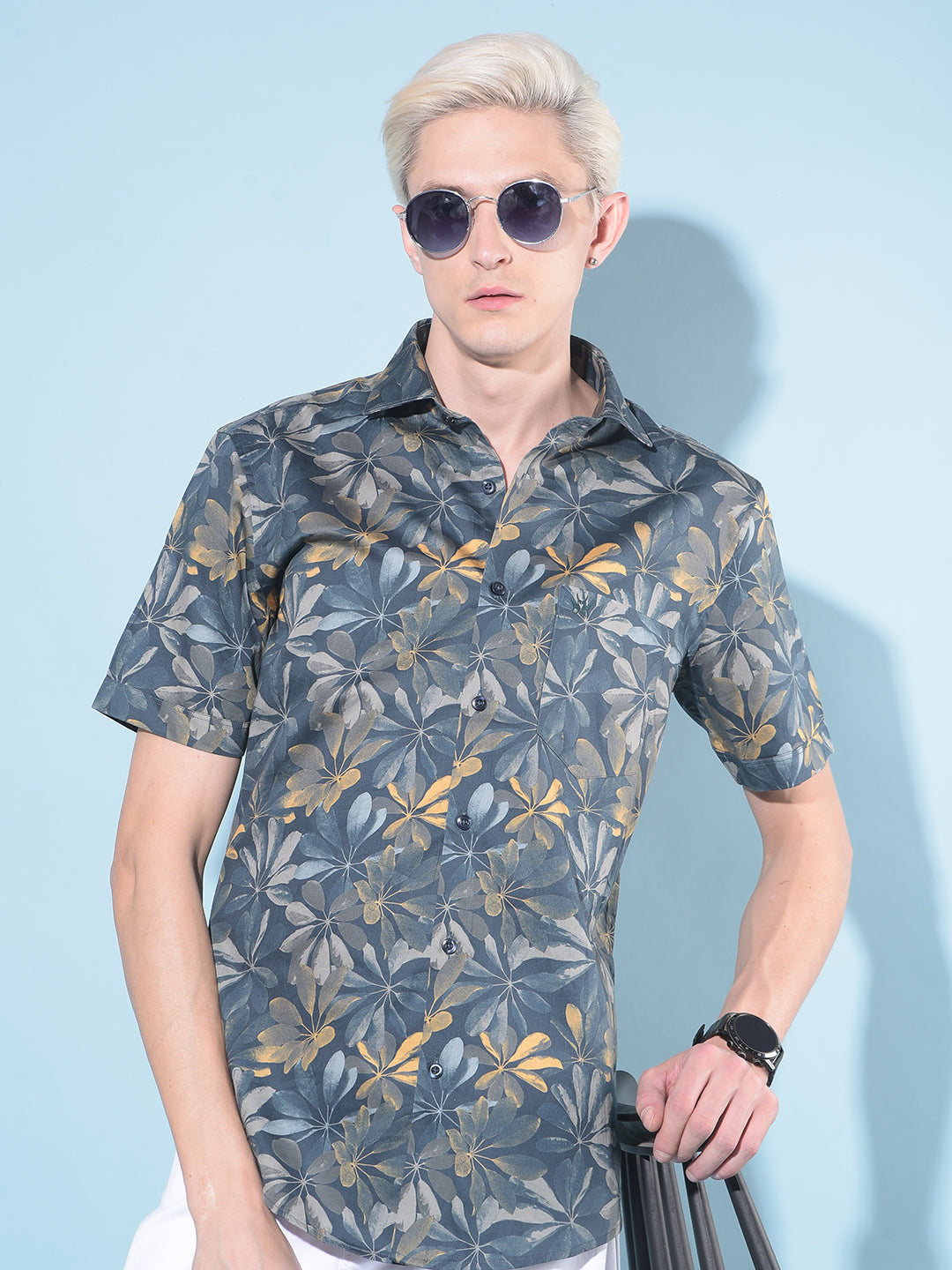 Navy Blue Floral Print 100% Cotton Shirt-Men Shirts-Crimsoune Club