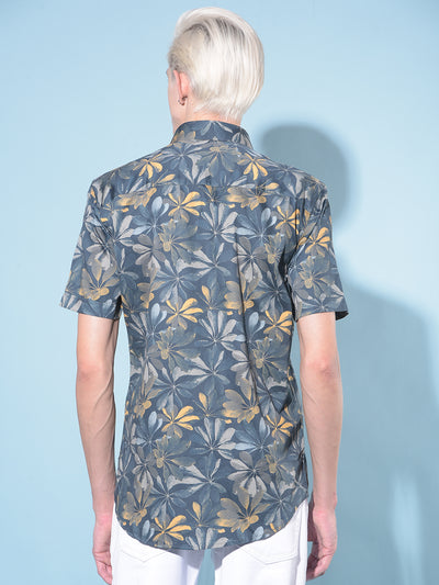 Navy Blue Floral Print 100% Cotton Shirt-Men Shirts-Crimsoune Club