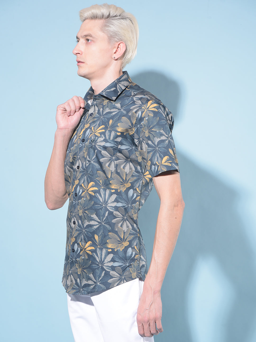 Navy Blue Floral Print 100% Cotton Shirt-Men Shirts-Crimsoune Club