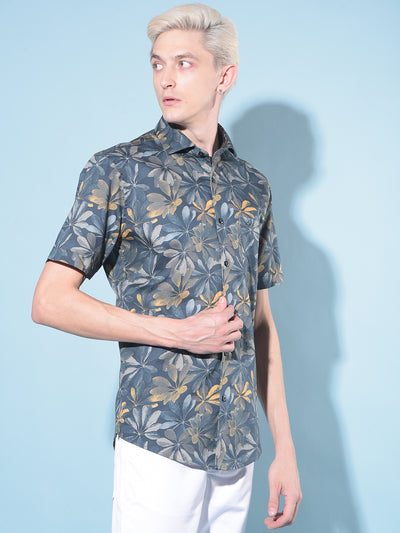 Navy Blue Floral Print 100% Cotton Shirt-Men Shirts-Crimsoune Club