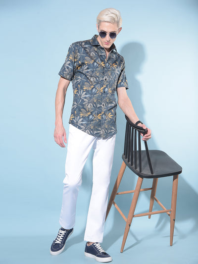 Navy Blue Floral Print 100% Cotton Shirt-Men Shirts-Crimsoune Club