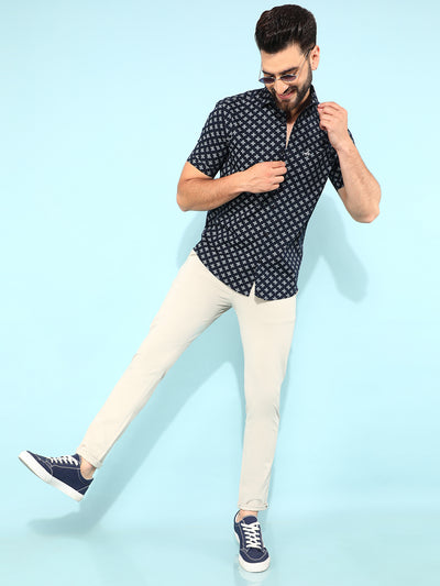 Blue 100% Cotton Floral Print Shirt-Men Shirts-Crimsoune Club