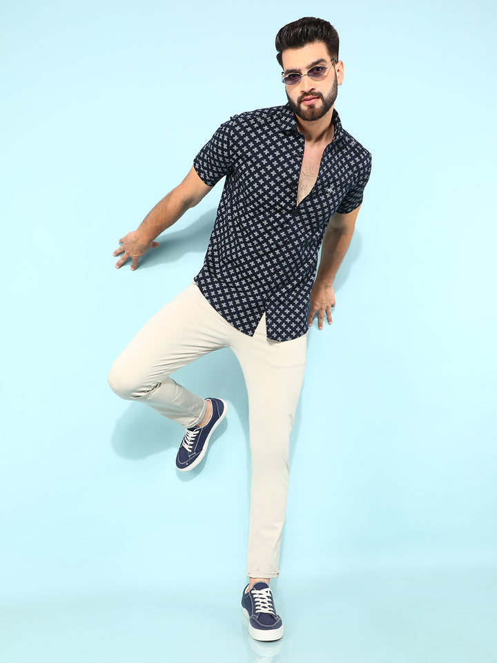 Blue 100% Cotton Floral Print Shirt-Men Shirts-Crimsoune Club