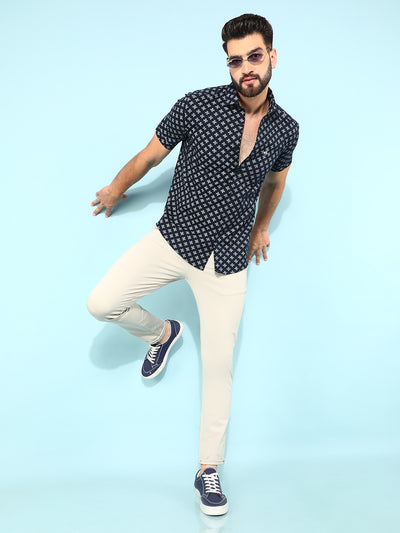 Blue 100% Cotton Floral Print Shirt-Men Shirts-Crimsoune Club