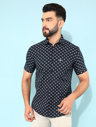 Blue 100% Cotton Floral Print Shirt-Men Shirts-Crimsoune Club