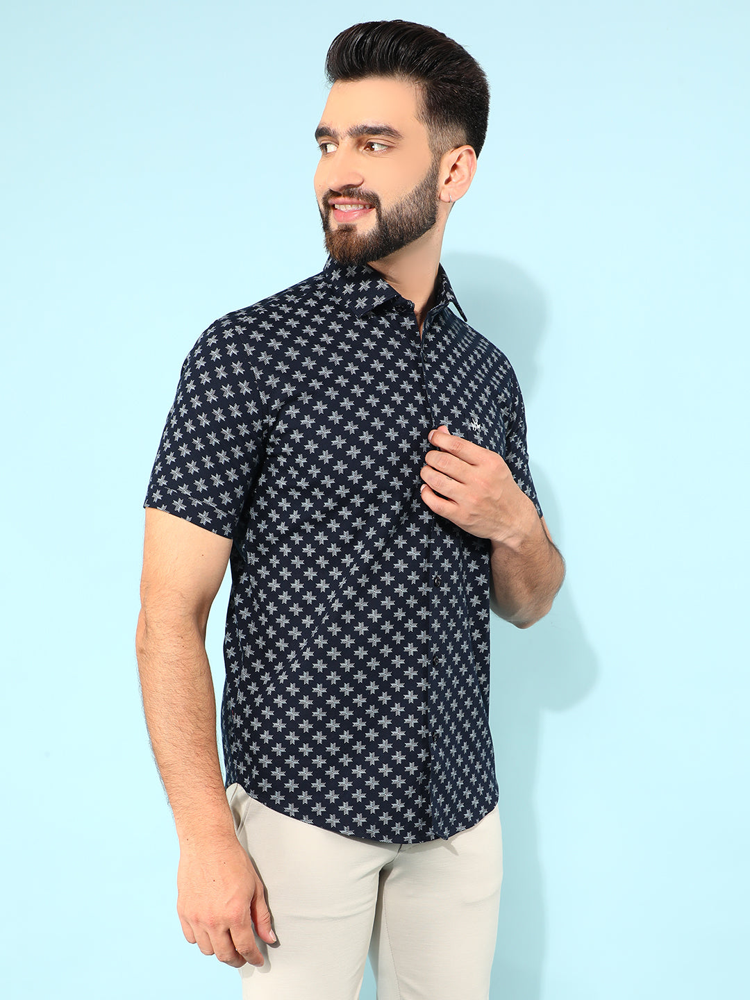 Blue 100% Cotton Floral Print Shirt-Men Shirts-Crimsoune Club