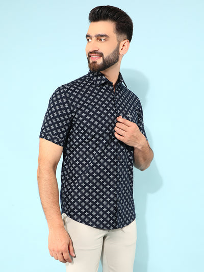 Blue 100% Cotton Floral Print Shirt-Men Shirts-Crimsoune Club
