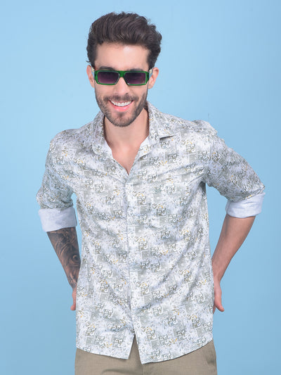 Printed Olive 100% Cotton Shirt-Men Shirts-Crimsoune Club
