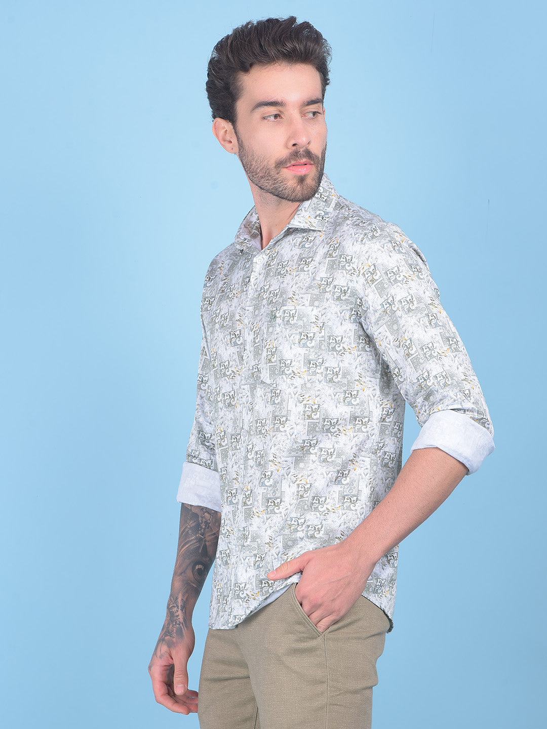 Printed Olive 100% Cotton Shirt-Men Shirts-Crimsoune Club