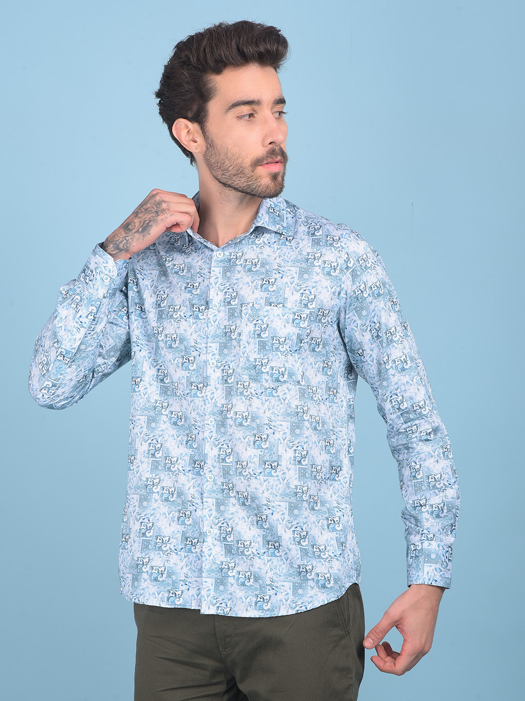 Blue Floral Print 100% Cotton Shirt-Men Shirts-Crimsoune Club