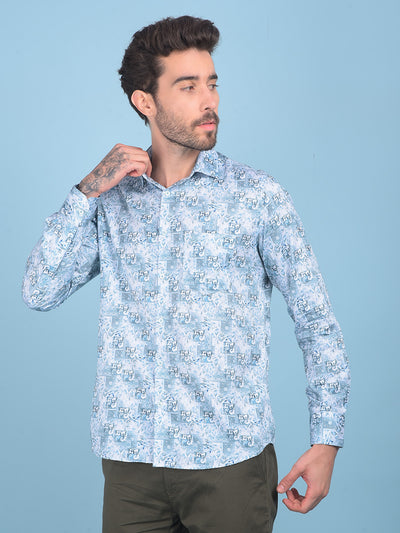 Blue Floral Print 100% Cotton Shirt-Men Shirts-Crimsoune Club