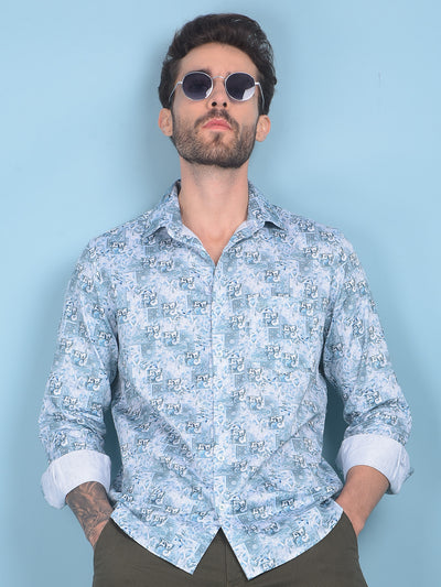 Blue Floral Print 100% Cotton Shirt-Men Shirts-Crimsoune Club