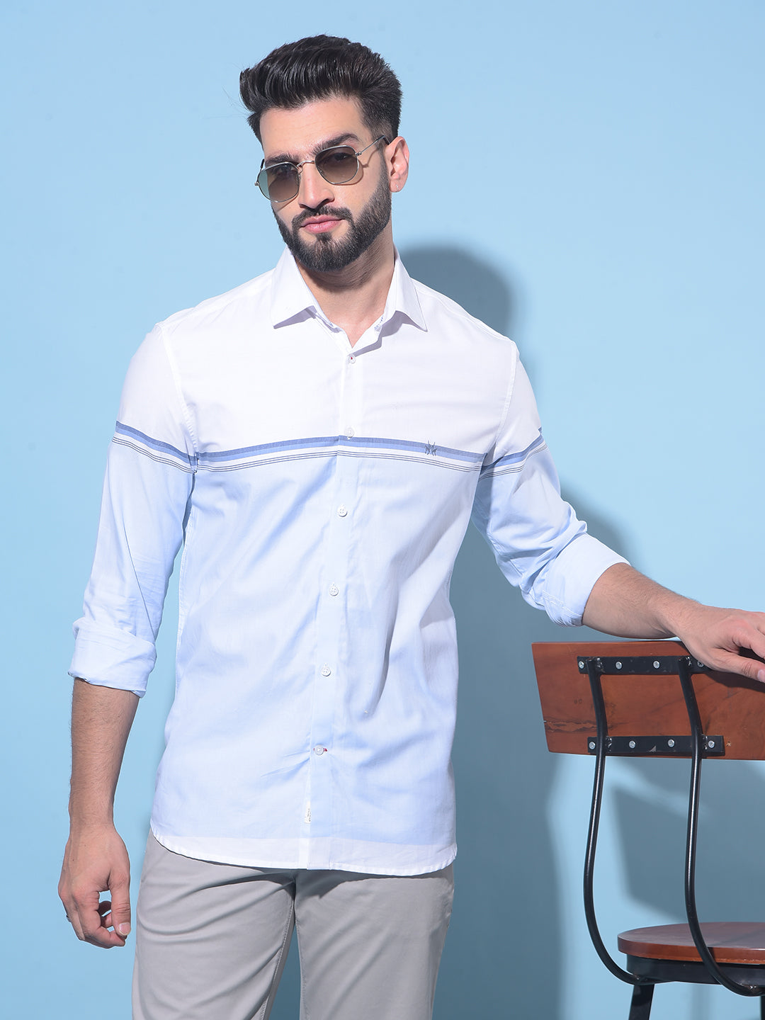 Blue Horizontal Striped 100% Cotton Shirt-Men Shirts-Crimsoune Club