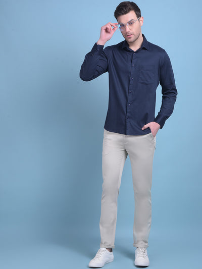 Navy Blue Cotton Shirt-Men Shirts-Crimsoune Club