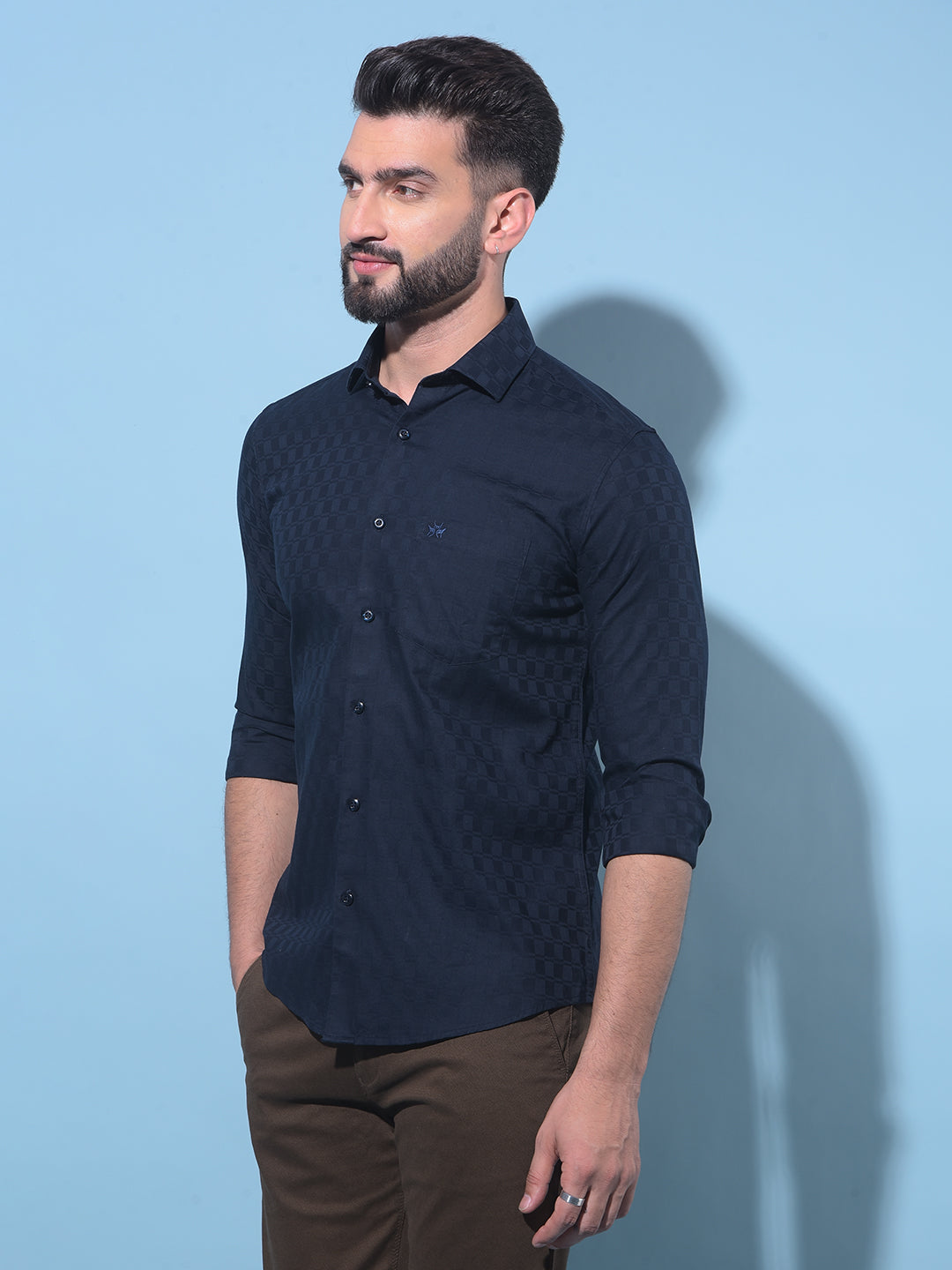 Navy Blue Printed 100% Cotton Shirt-Men Shirts-Crimsoune Club