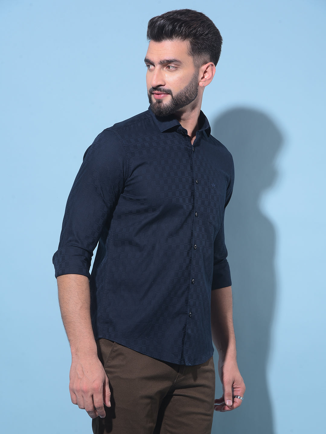 Navy Blue Printed 100% Cotton Shirt-Men Shirts-Crimsoune Club