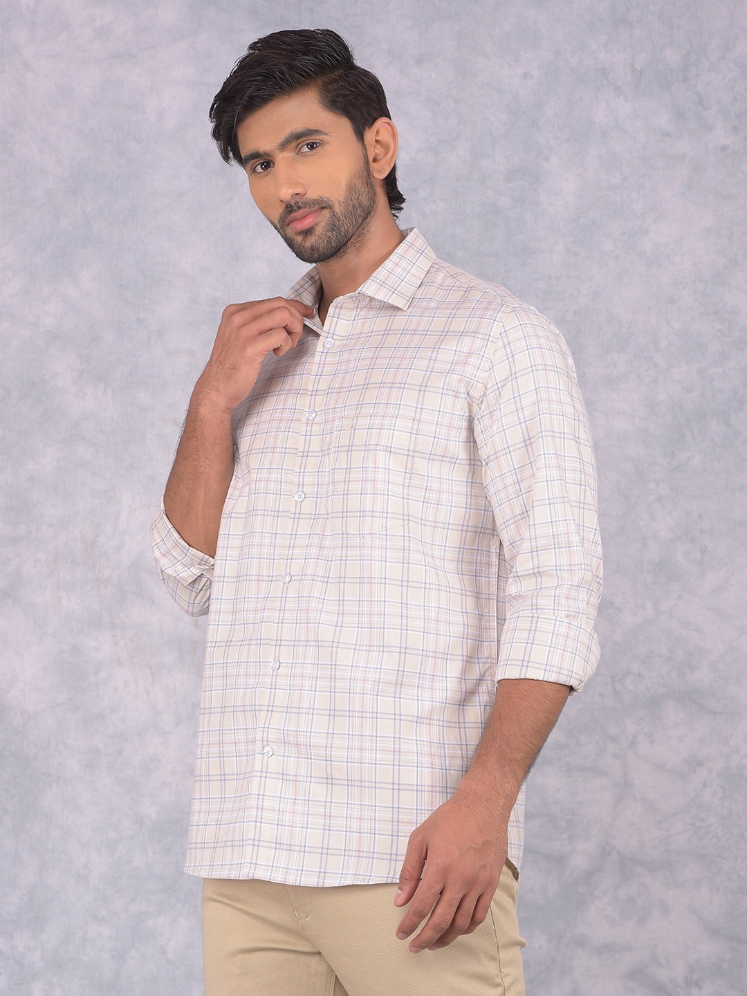 Beige Checked 100% Cotton Shirt-Men Shirts-Crimsoune Club