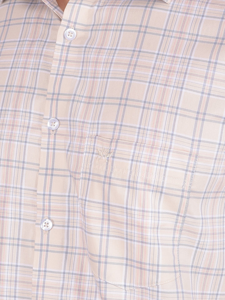 Beige Checked 100% Cotton Shirt-Men Shirts-Crimsoune Club