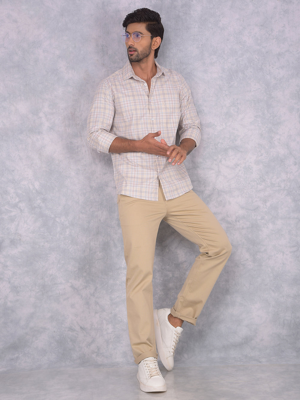 Beige Checked 100% Cotton Shirt-Men Shirts-Crimsoune Club