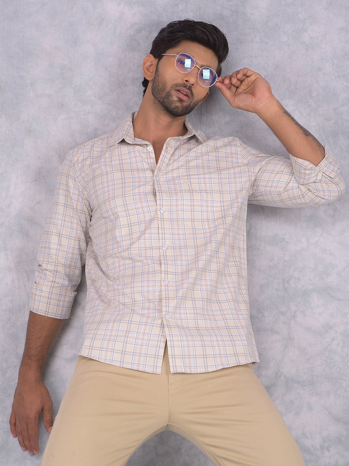 Beige Checked 100% Cotton Shirt-Men Shirts-Crimsoune Club