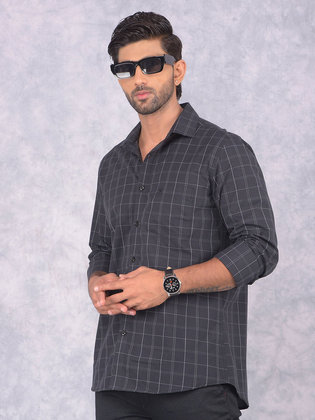 Black Checked 100% Cotton Shirt-Men Shirts-Crimsoune Club