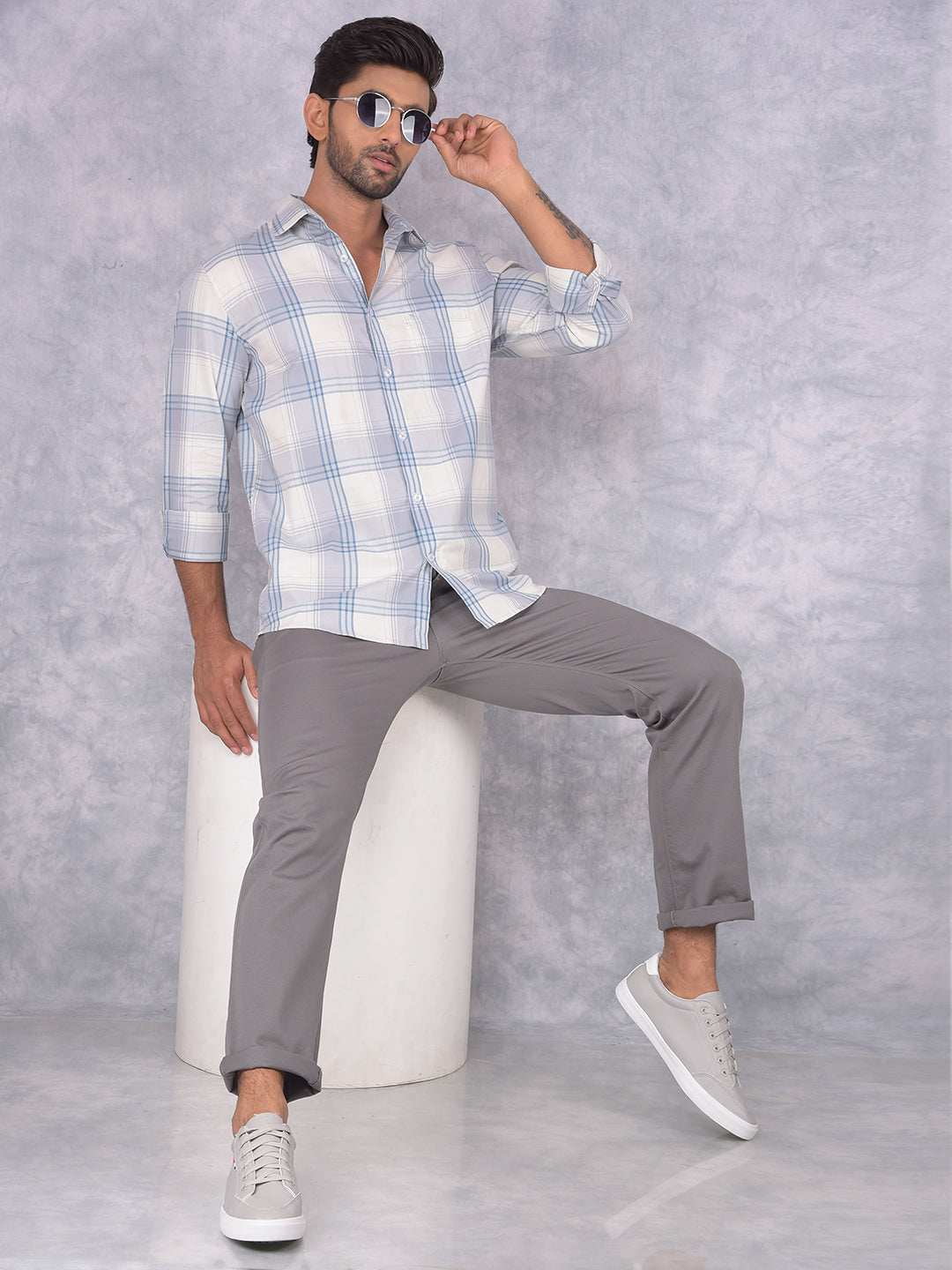 Grey Checked 100% Cotton Shirt-Men Shirts-Crimsoune Club