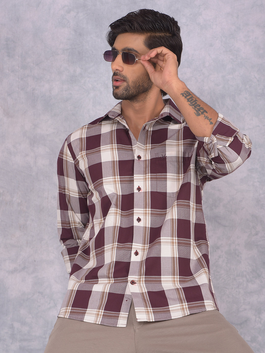 Wine Checked 100% Cotton Shirt-Men Shirts-Crimsoune Club