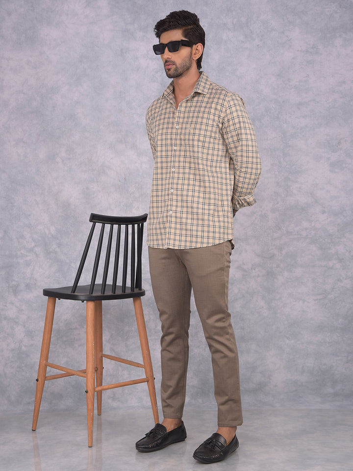 Beige Checked 100% Cotton Shirt-Men Shirts-Crimsoune Club