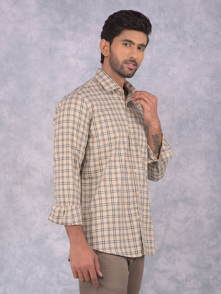 Beige Checked 100% Cotton Shirt-Men Shirts-Crimsoune Club