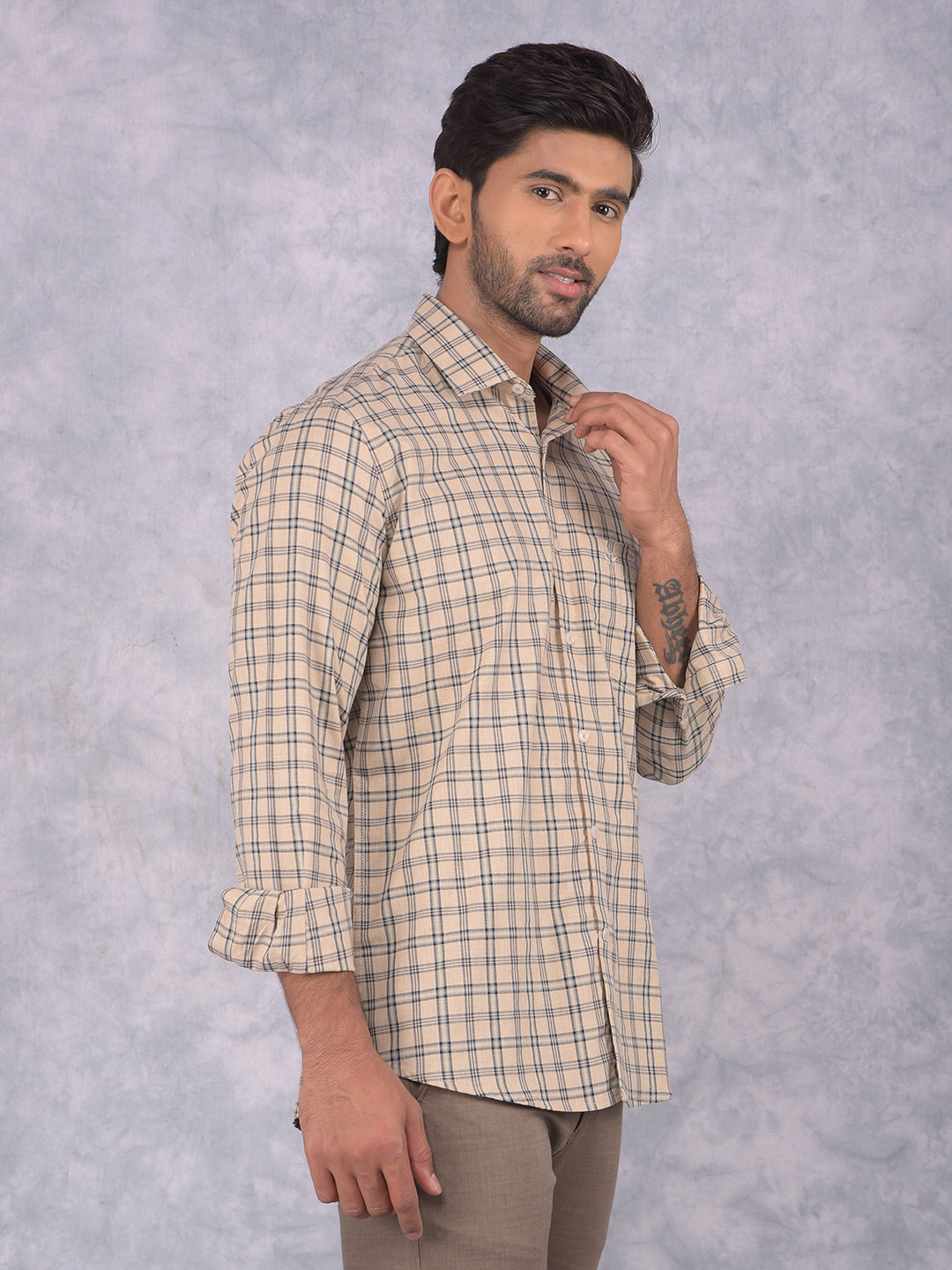 Beige Checked 100% Cotton Shirt-Men Shirts-Crimsoune Club