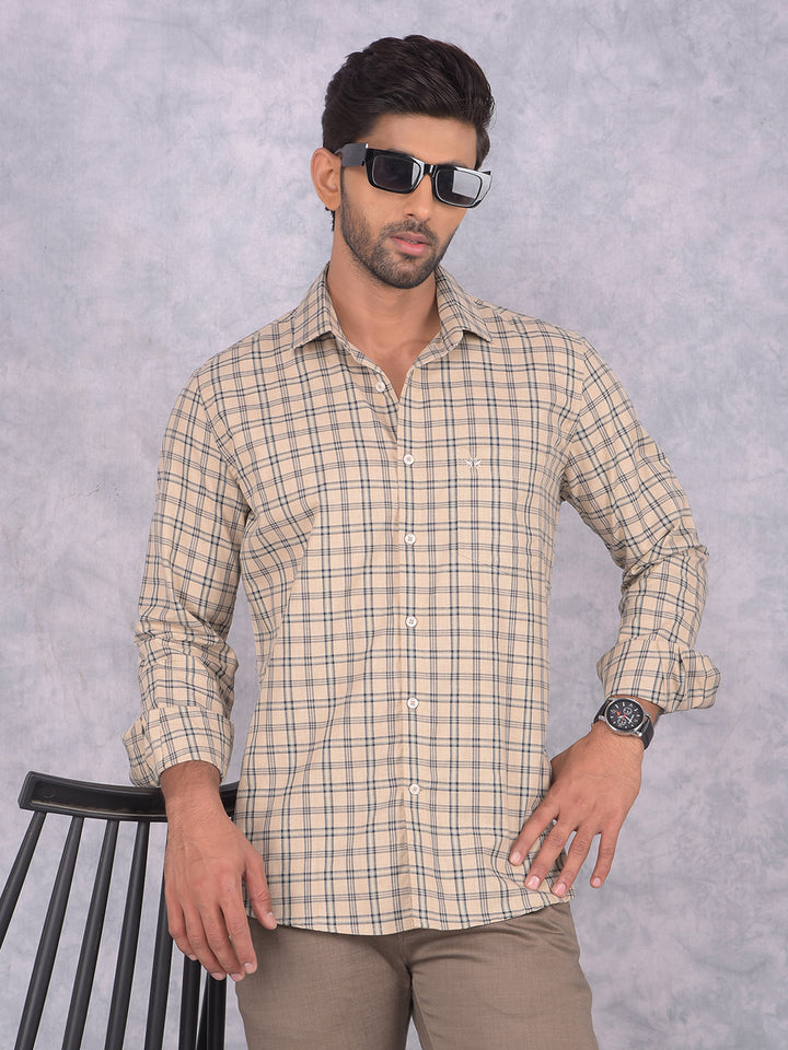Beige Checked 100% Cotton Shirt-Men Shirts-Crimsoune Club
