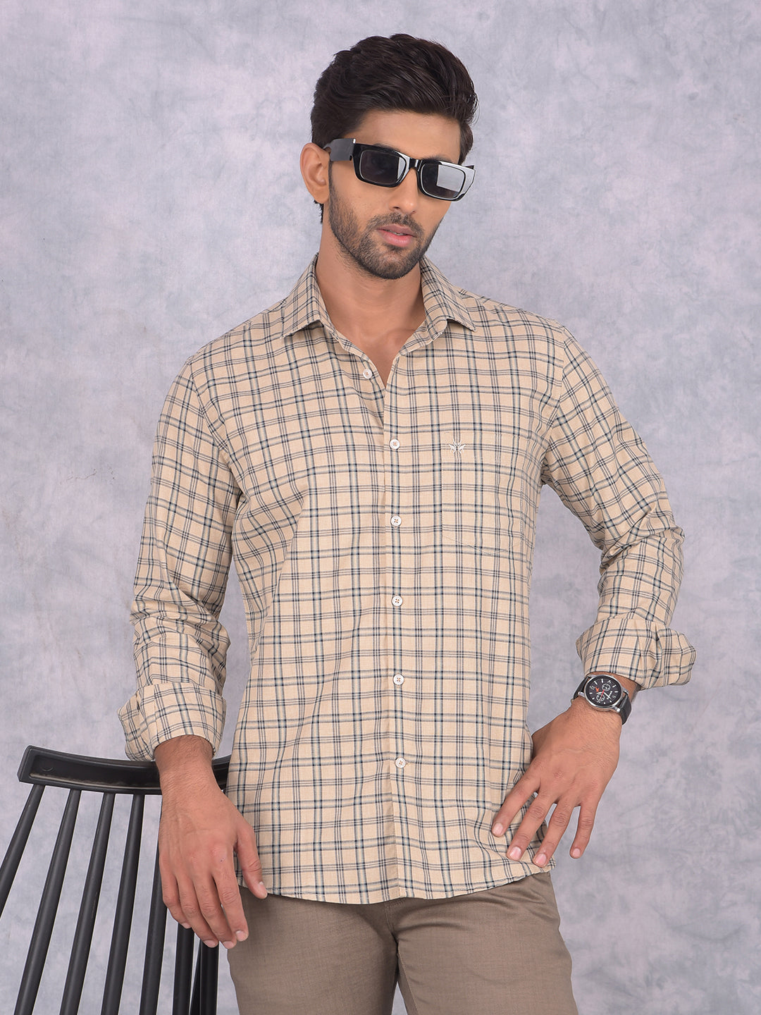 Beige Checked 100% Cotton Shirt-Men Shirts-Crimsoune Club