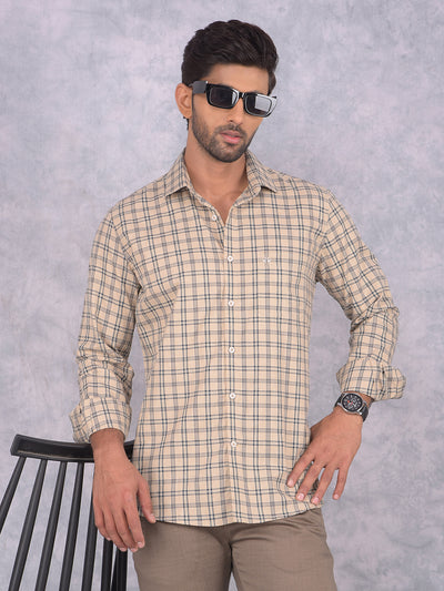 Beige Checked 100% Cotton Shirt-Men Shirts-Crimsoune Club